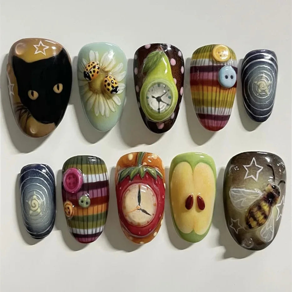24pcs Flower Print Press on Nails Wine Red Blush Almond False Nail Tips Wearable Reusable Spicy Girl Fake Nails