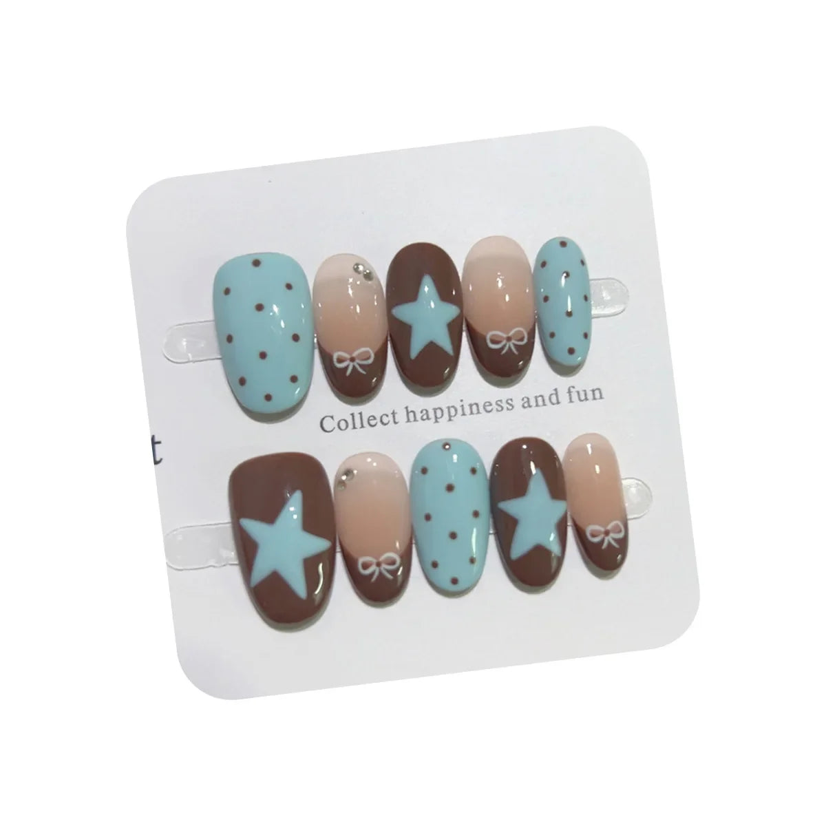 10pcs Handmade French Short Press On Nails Blue Brown Polka Dot Bow Star Design Fake Nail Wearable Nail Art Tips