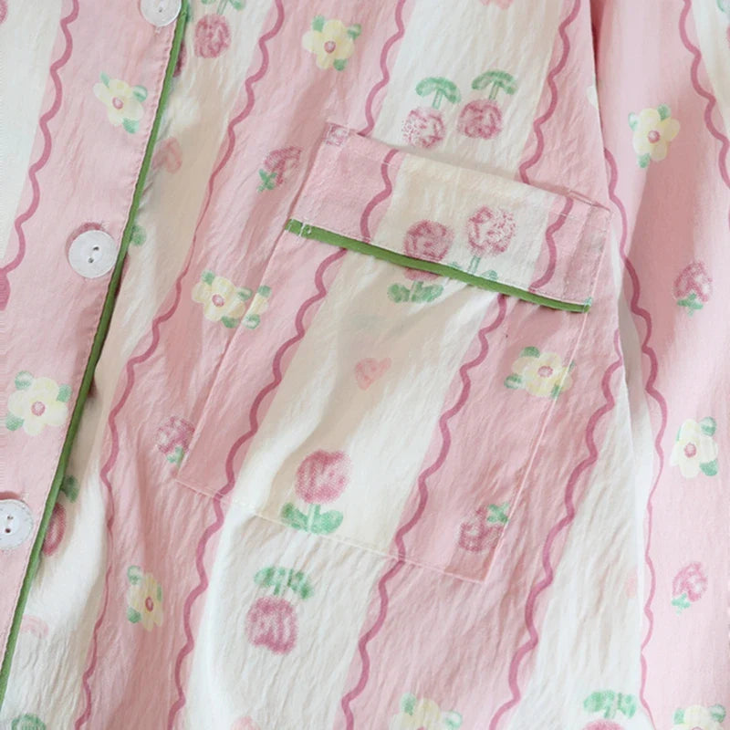 Print Flower Soft Thin Pajama Set Casual 2 Pieces Pajama Set Full Length Sleepwear