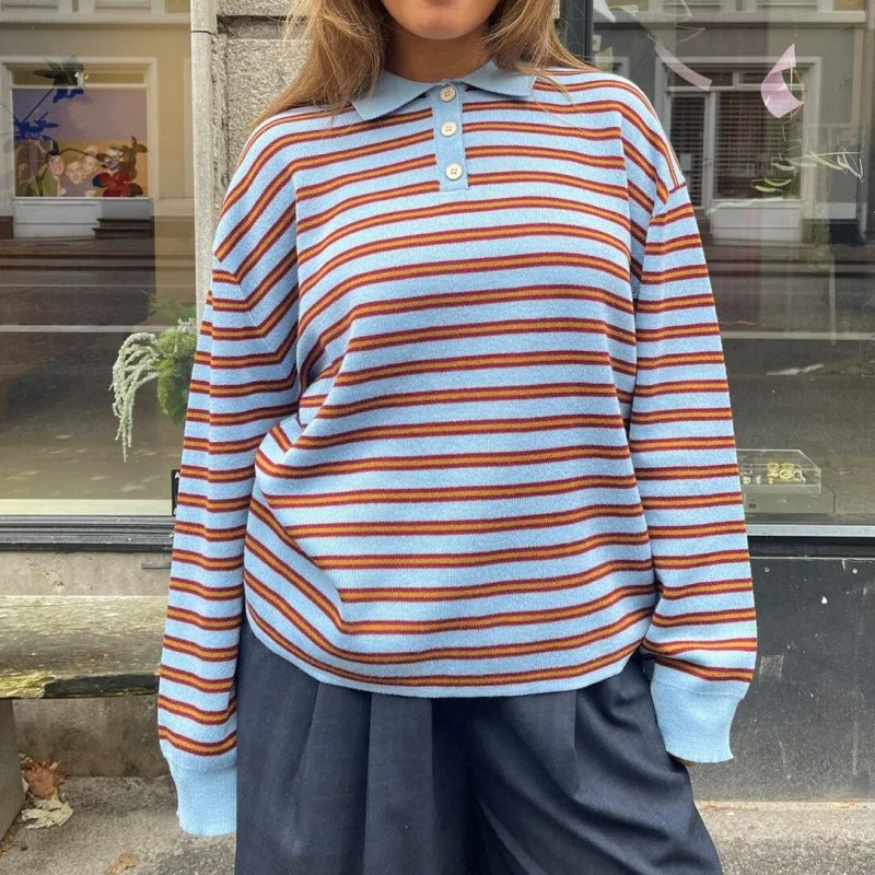 y2k Vintage Rib Knitted Striped Collared Sweater Loose Long Sleeve Pullover Knit Tops Casual Sweatirt Clothes