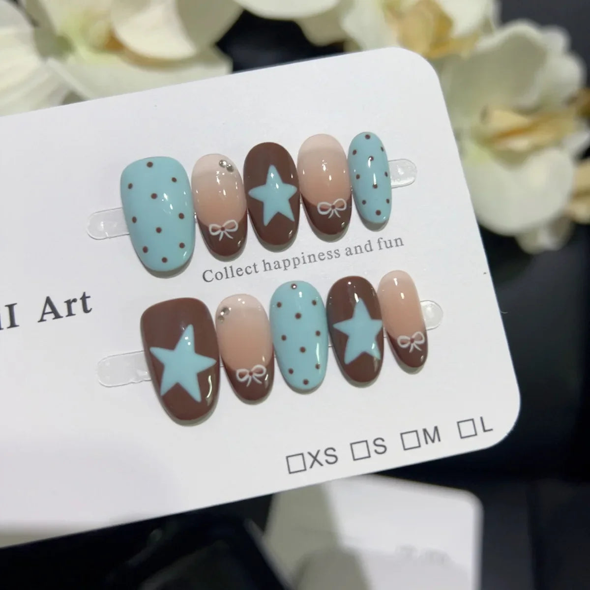10pcs Handmade French Short Press On Nails Blue Brown Polka Dot Bow Star Design Fake Nail Wearable Nail Art Tips