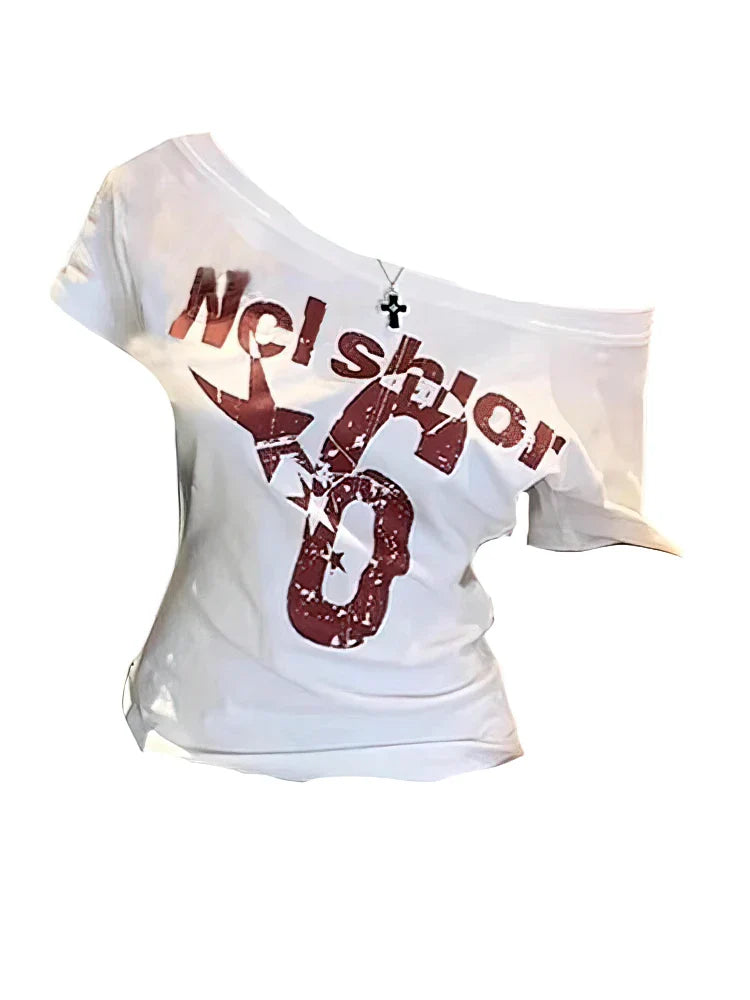Y2k Sport Off shoulder Top Vintage 2000s Short sleeve T shirt Lady Body Basic Crop Top Casual
