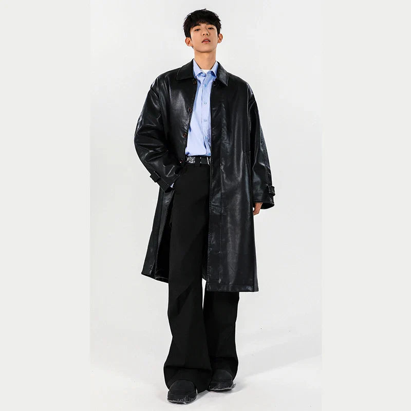 Mens PU Trench Coat Windproof Long Outerwear Jacketable Trendy Leather Coat
