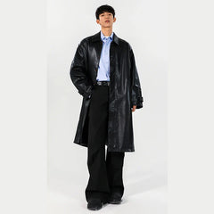 Mens PU Trench Coat Windproof Long Outerwear Jacketable Trendy Leather Coat