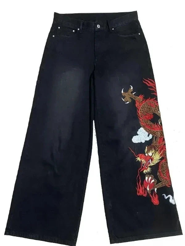 Unisex White Red Tribal Flame Print Loose Wide Leg Jeans Y2K Grunge Streetwear Oversized Denim Pants