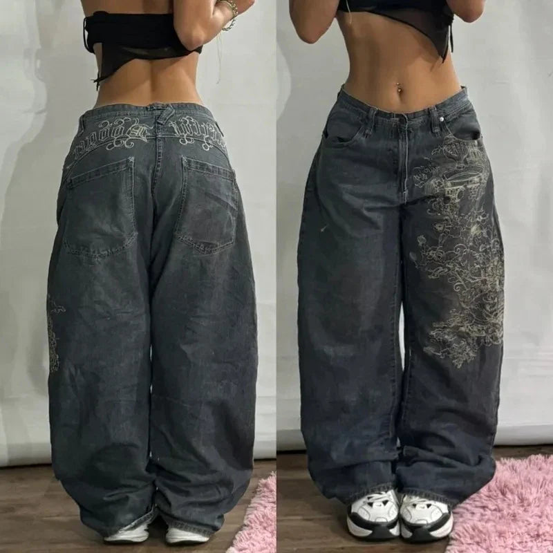 American Letter Embroidery Stitching Old Baggy Jeans Y2K Harajuku High Waist Wide Leg Trousers