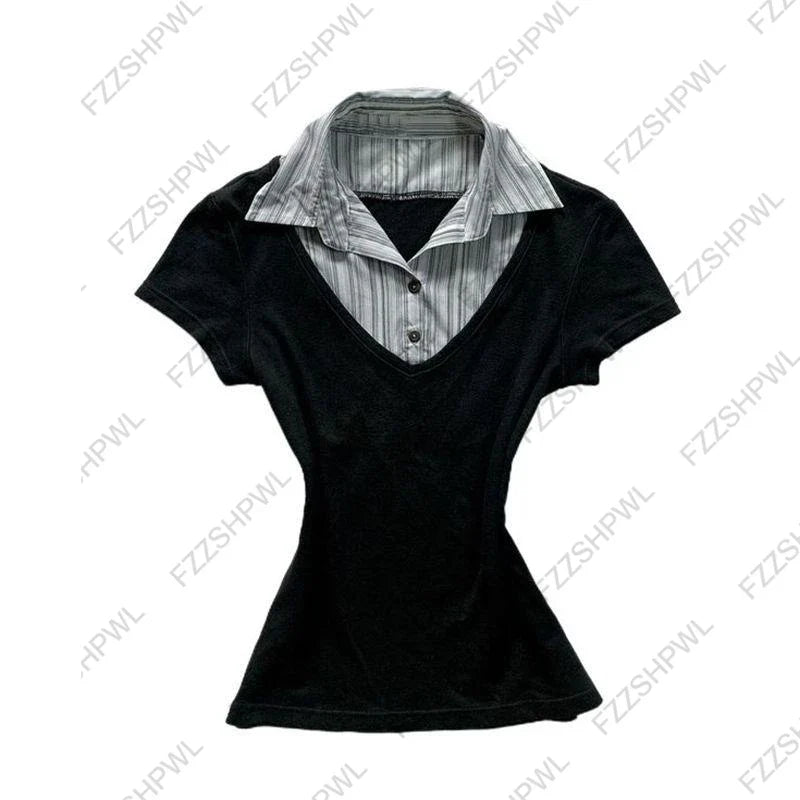 Y2K Vintage Pleated Tees Trashy Street Clothing Girl Slim Fit Tees Harajuku Casual Sweet Tops Chic