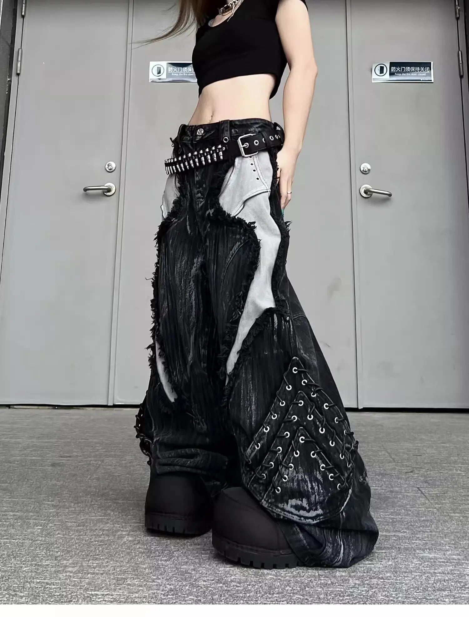 Vintage Patchwork Distressed Jeans Hip Hop Loose Wide Leg Cargo Pants Washed Distressed Denim Trousers