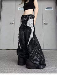 Vintage Patchwork Distressed Jeans Hip Hop Loose Wide Leg Cargo Pants Washed Distressed Denim Trousers