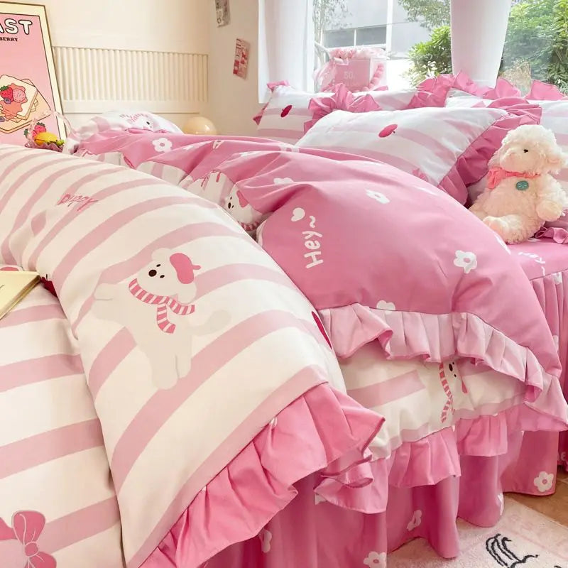Cartoon Washed Cotton Bed Sheet Four-piece Set Non-cotton Thickened Brushed Quilt Cover Bed Skirt Style Princess Style Bedroom