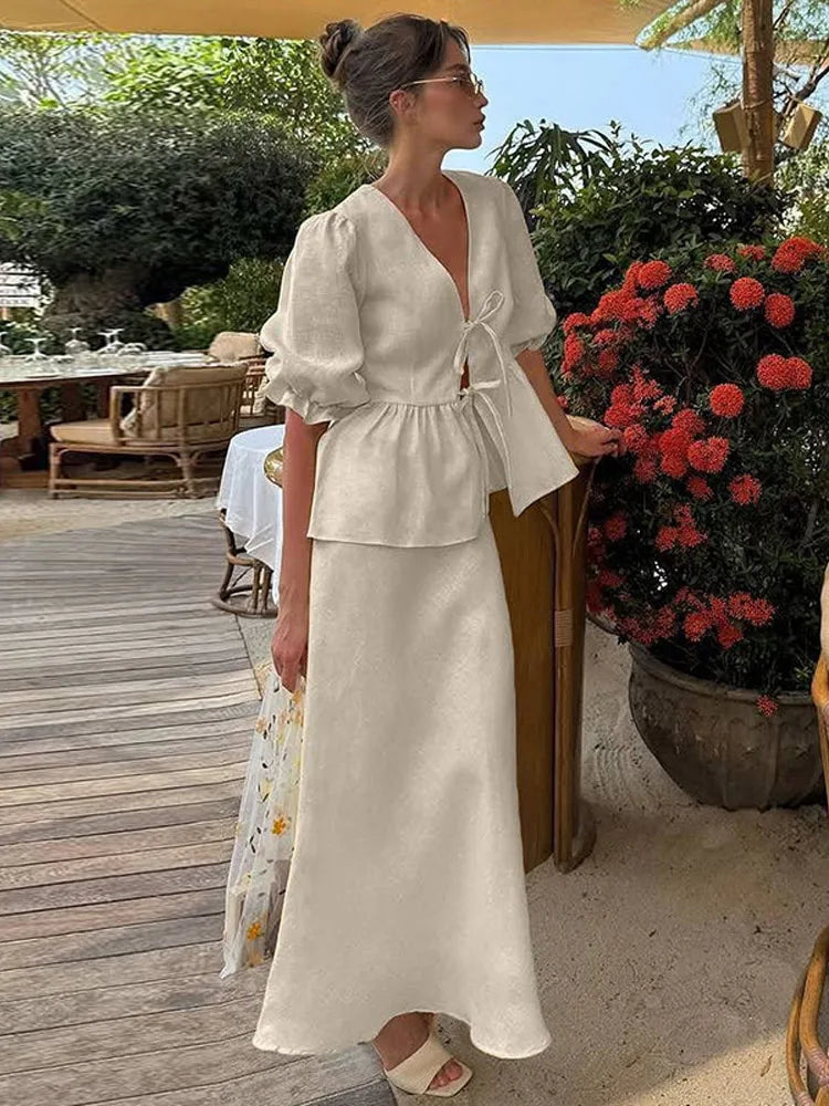 s Skirt Set V-neck Lace Up Short Bubble Sleeve Hollow Out Shirt High Waist Long Skirt Suit Lady Outfit