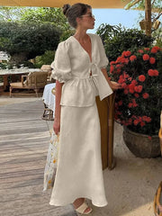 s Skirt Set V-neck Lace Up Short Bubble Sleeve Hollow Out Shirt High Waist Long Skirt Suit Lady Outfit