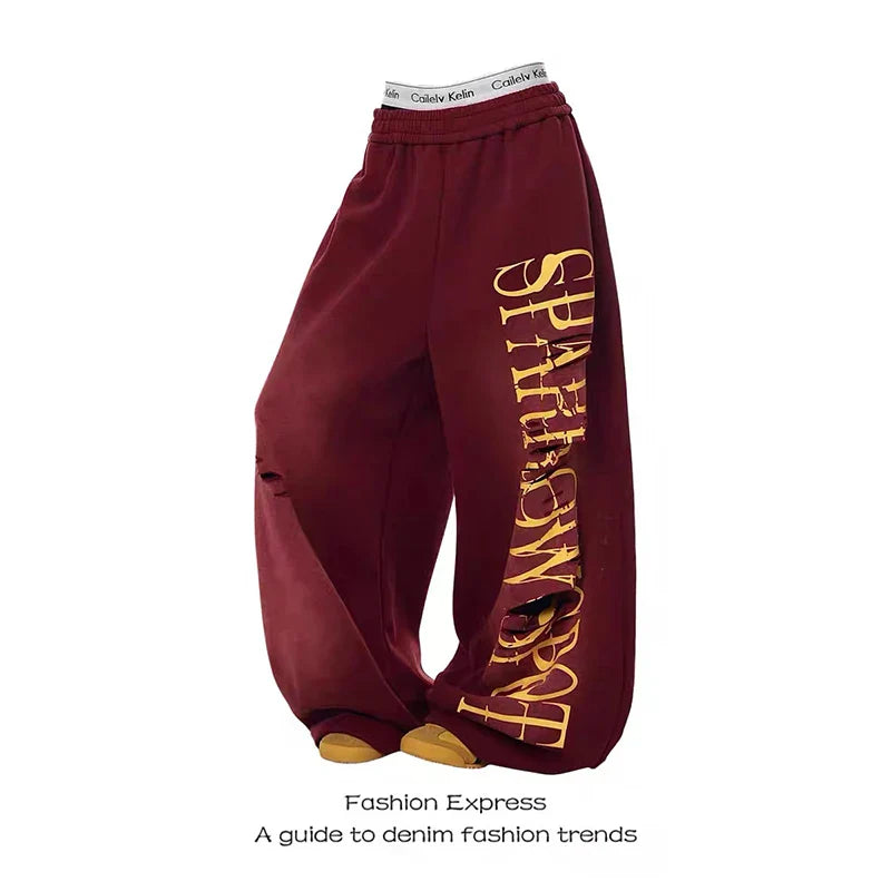 Red Baggy Letter Print Ripped Sweatpants Oversize Dance Pants Harajuku Vintage Y2k Wide Trousers