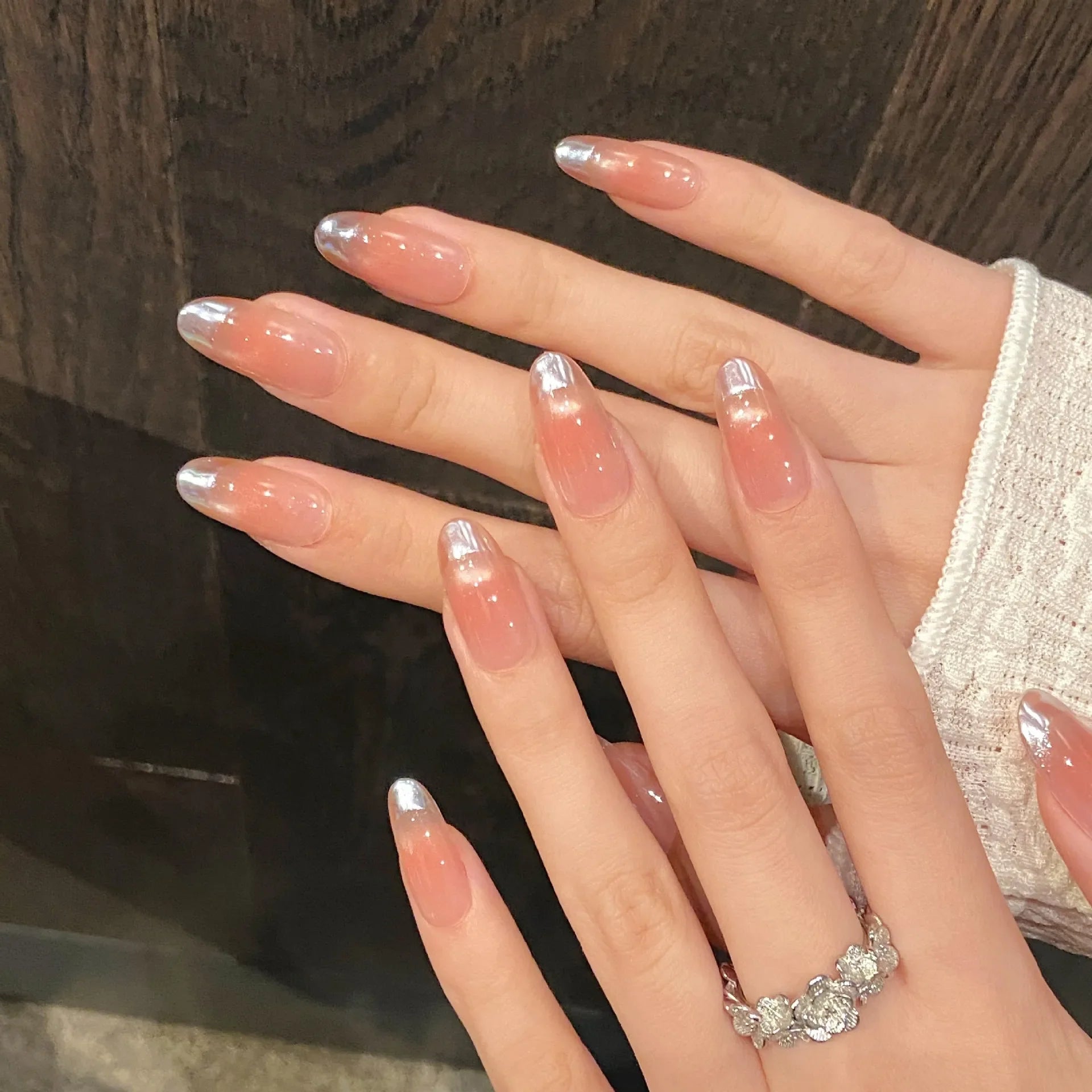 10pcs Simple Handmade Fake Nail Tip Gradient Pink Design False Nail Art Reusable French Cat's Eye Mid-length Oval Press on Nails