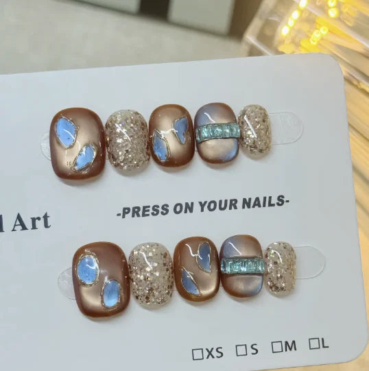 Beauty Colorful Short Square Round Detachable Manicure Kawaii Cat Eyes Glitter Sequins Rhinestone Handmade Full Cover Nail Tips