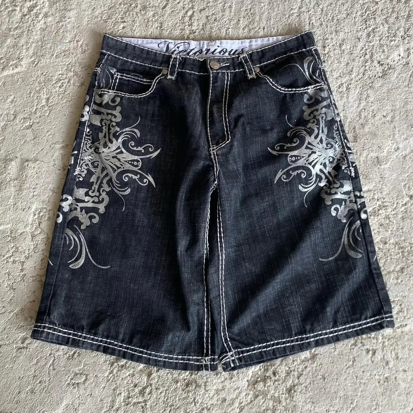 Streetwear American Denim Shortss Hip Hop Embroidery Printed Loose Shorts Gothic Retro Casual Basketball Shorts