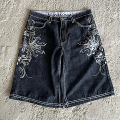 Streetwear American Denim Shortss Hip Hop Embroidery Printed Loose Shorts Gothic Retro Casual Basketball Shorts