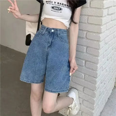 American Retro High Waist Denim Shorts Slim Straight Leg Casual Student Versatile Wide Leg Five-Point Pants