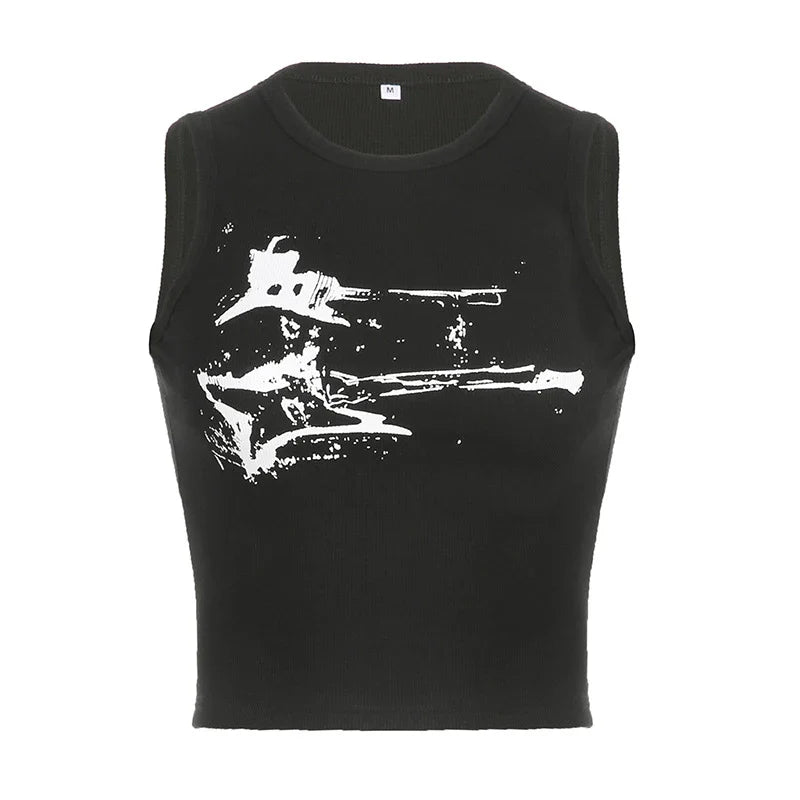 Guitar Print Sleeveless Tank Top Y2K Casual Ribbed Grunge Crop Top Harajuku Vest Tee 90s Street Outfits
