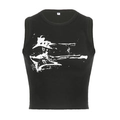 Guitar Print Sleeveless Tank Top Y2K Casual Ribbed Grunge Crop Top Harajuku Vest Tee 90s Street Outfits