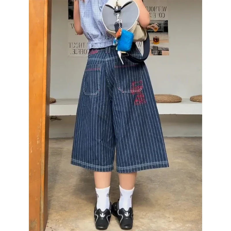 Harajuku Y2k Light Blue Calf Length Cargo Jeans Baggy Denim Trousers Japanese 2000s Oversize Jean Pants Vintage Clothes