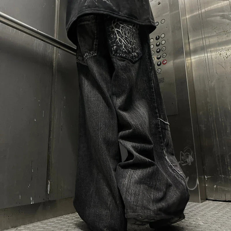Y2K Phantom Jeans High Street Spider Embroidered Patch Hip Hop Streetwear Gothic Retro Oversized Baggy Fit Unisex Mopping Pants