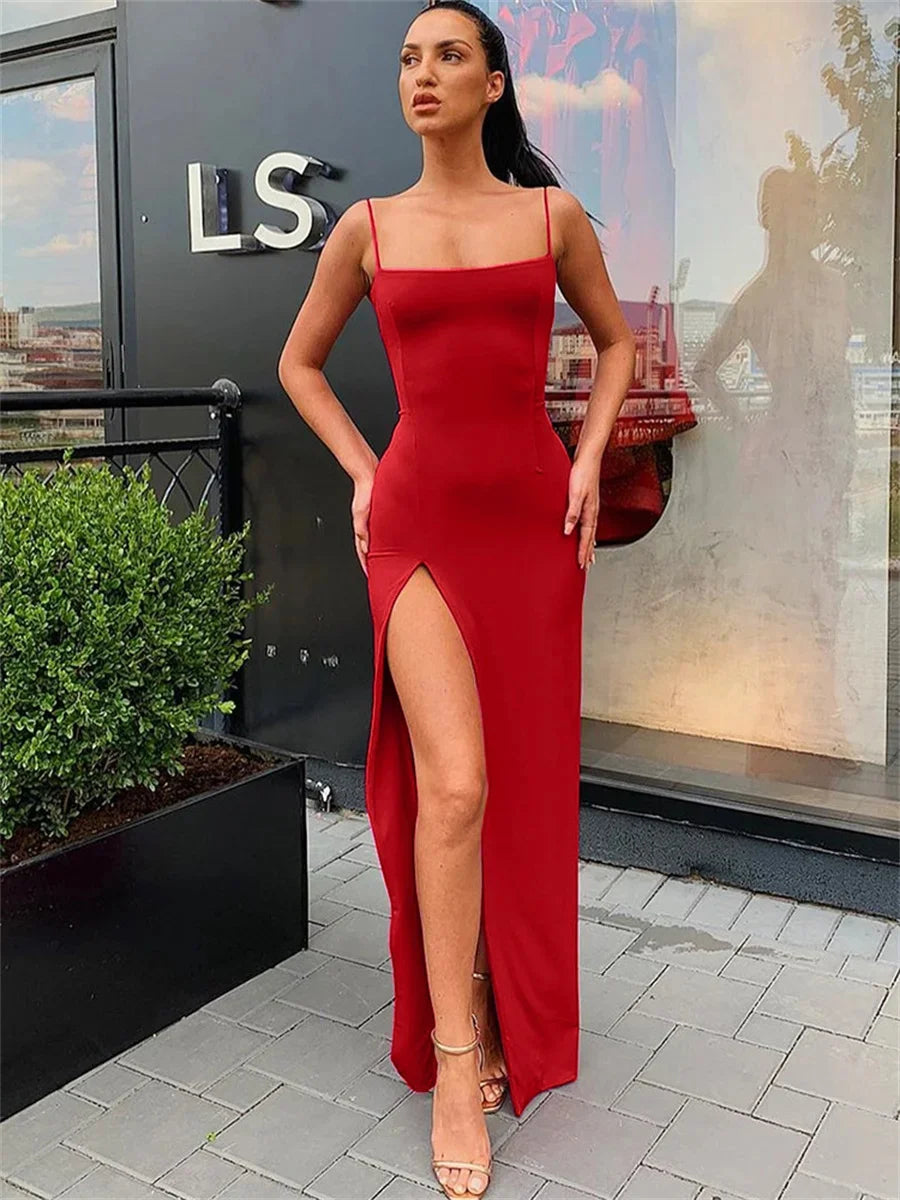 Bodycon Dress Lady Spaghetti Strap Sleeve Split Solid Color Sheath Dress Vestidos