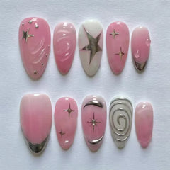 24pcs Short Almond False Nail Art Starlight Rhinestone Design Nails Tip Green Full Cover Nail Set Datachable Press on Fake Nails