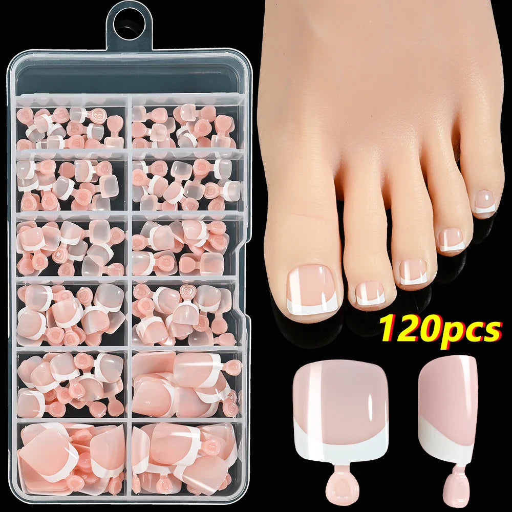 120Pcs Pink French Short Square Fake Nails 12-Sizes Full Cover Press On Nails Wearable Detachable Finished False Fingertips *TD