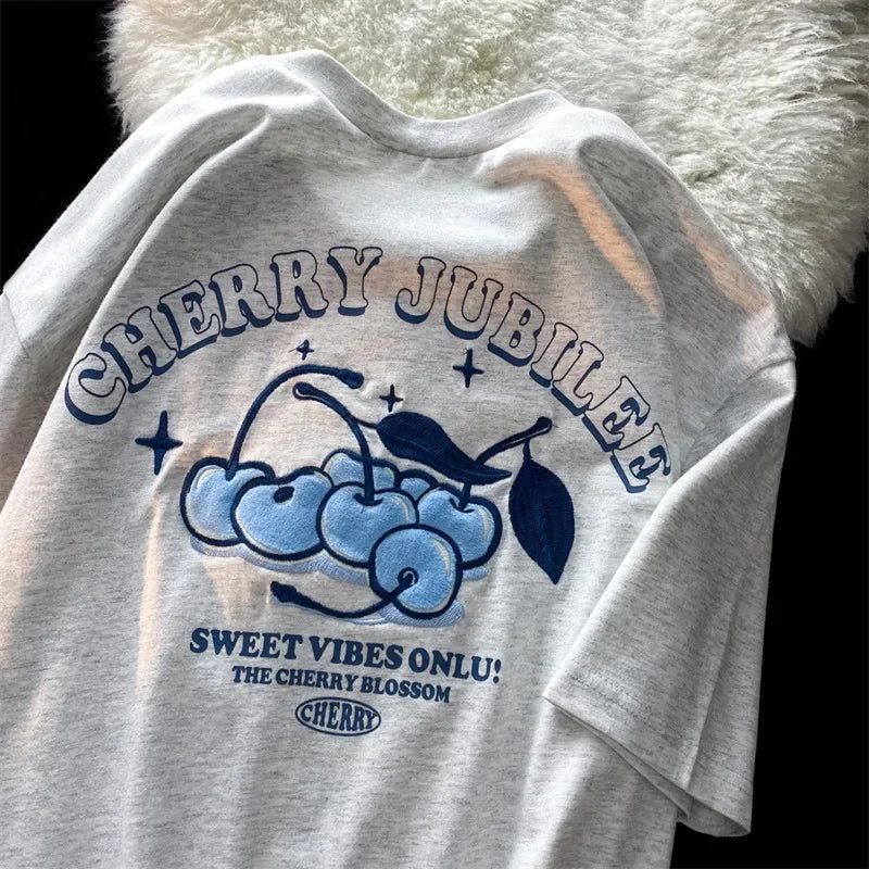 Cartoon Cherry Print Loose Fit Short Sleeve T-Shirt Polyester Crew Neck Top Sweet Lazy Couple Shirt Trendy