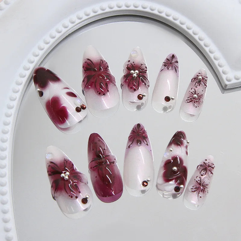 24pcs Flower Print Press on Nails Wine Red Blush Almond False Nail Tips Wearable Reusable Spicy Girl Fake Nails