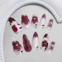 24pcs Flower Print Press on Nails Wine Red Blush Almond False Nail Tips Wearable Reusable Spicy Girl Fake Nails