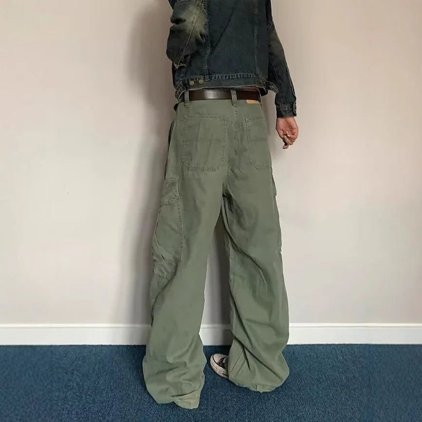 Adjustable Waist American Retro Loose Straight Leg Work Trousers Multiple Pockets Cleanfit Long Pants Comfortable Casual