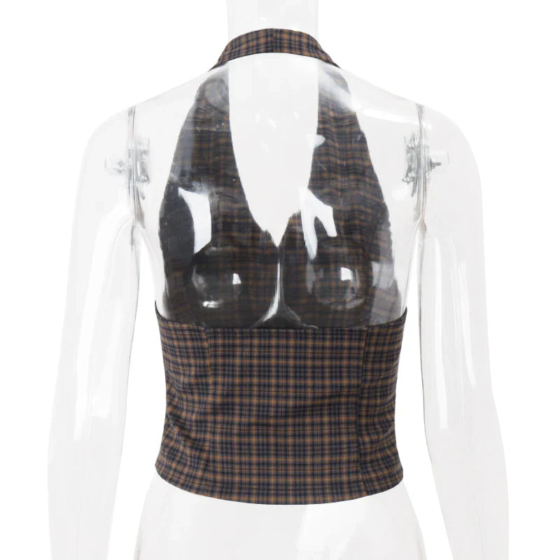CandyPlaid Print Vintage V-neck Buttons Retro Casual Halter Crop Tops Y2K Daily Sweet Cute Outdoor All-Match Vest