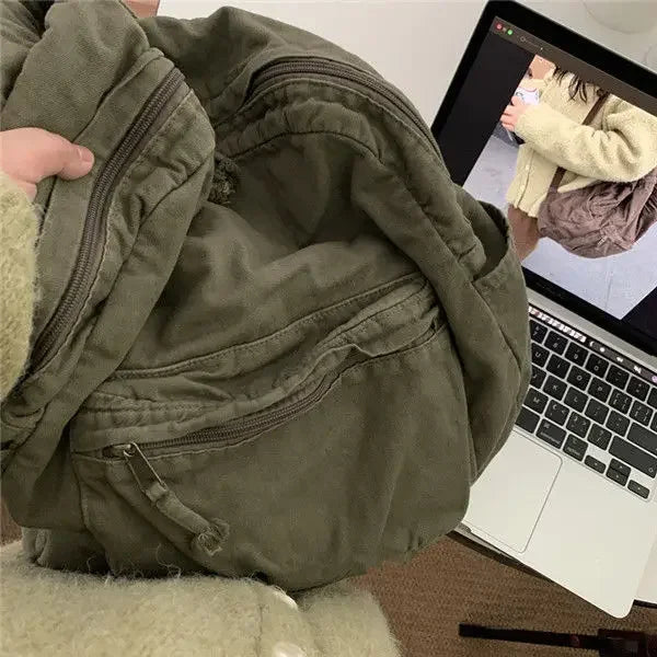 Vintage Backpack Preppy Style Cotton Unisex Softback Zipper Casual High-Capacity Bookbag Euro-America Style