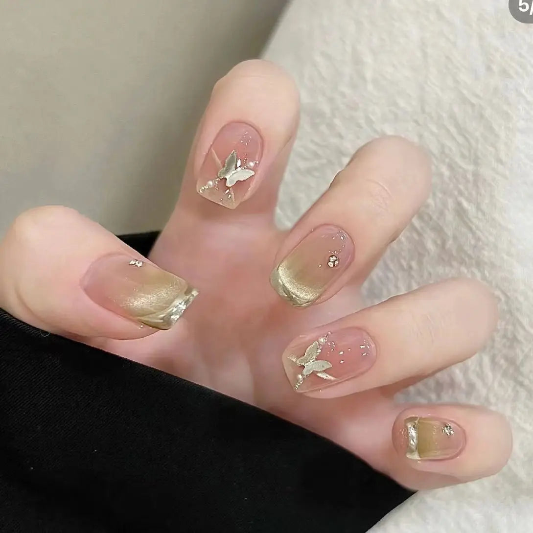 24Pcs Pink Cat Blue Love Cute Short Ballet Press on False Nails Sweet French Cat Eye Bow Star Designs Style Detachable Nails Set