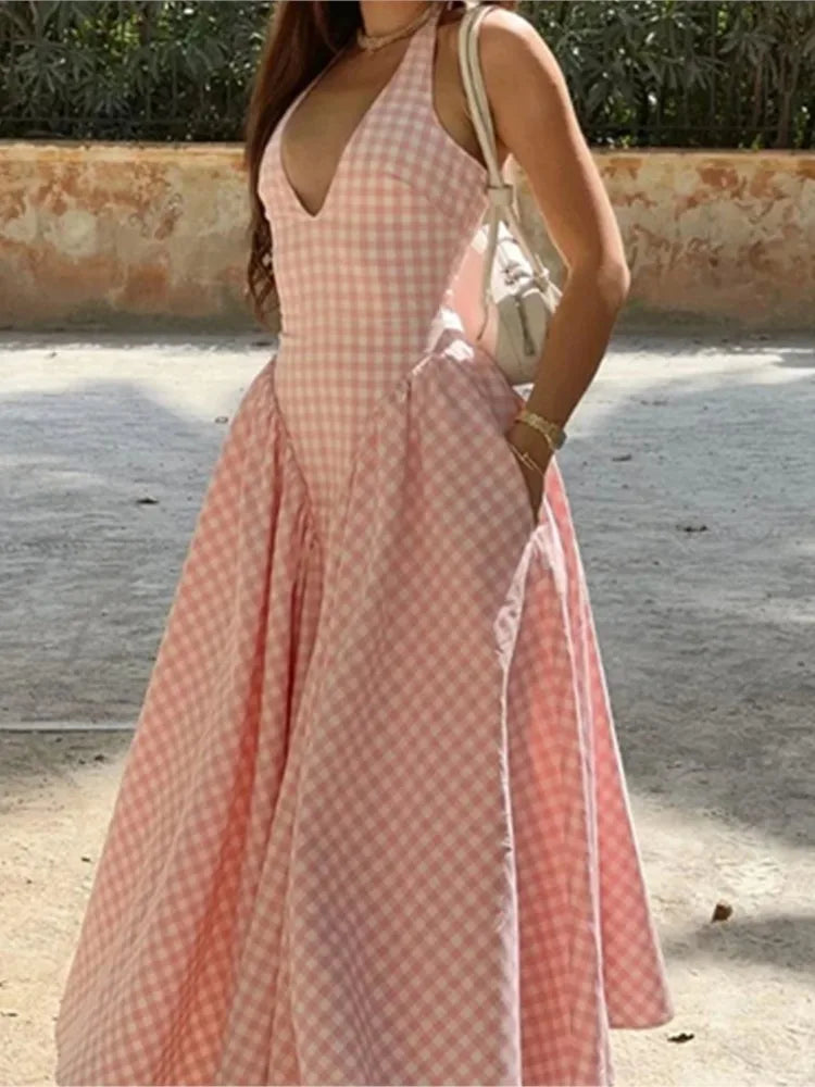 Elegant V-Neck Pleated Long Dresses High Waist French Style V-neck Backless Lace-up Vacation Vestidos
