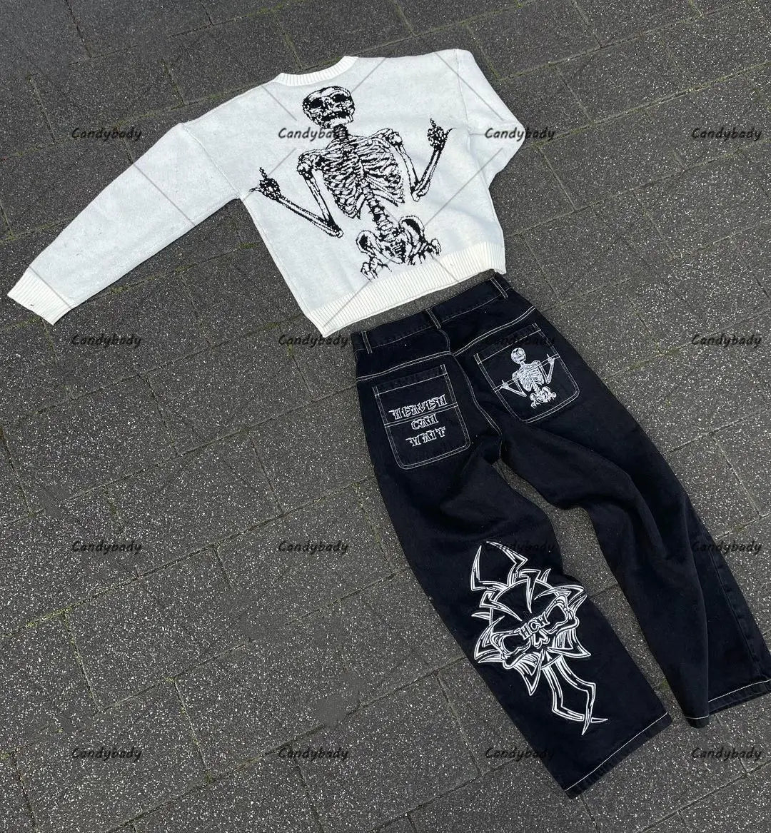 National Tide Couples American Raw Edge Stone Mill Washed Jeans Y2K Gothic Punk Style Loose Straight Tube Make Old Trousers