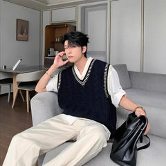 Arrival Preppy Style Cable Knit Vest Sweater Casual V-neck Top Korean Version Loose-fit Top