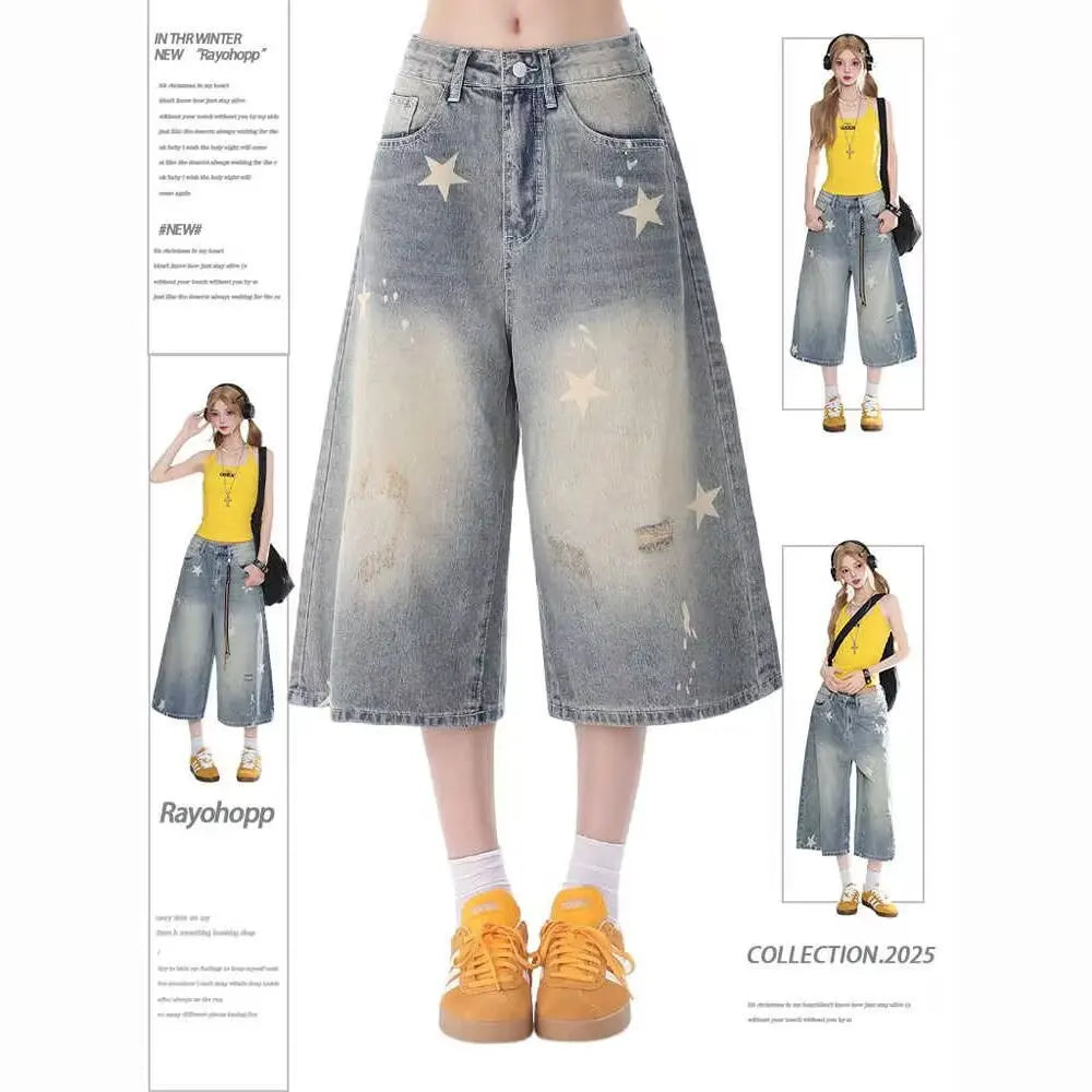 DM American Vintage Washed Star Denim Shorts Y2k High Waist Straight Wide Leg Jeans Loose Knee-Length Pants