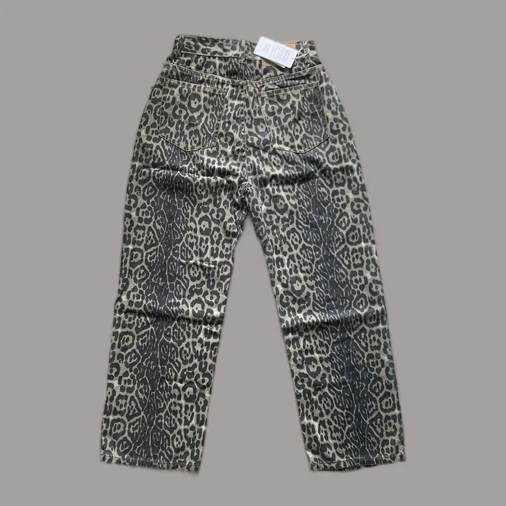 Jeans Leopard High Waist Hip Hop Straight Pants Streetwear Harajuku Y2K Style Wide Leg Denim Trousers