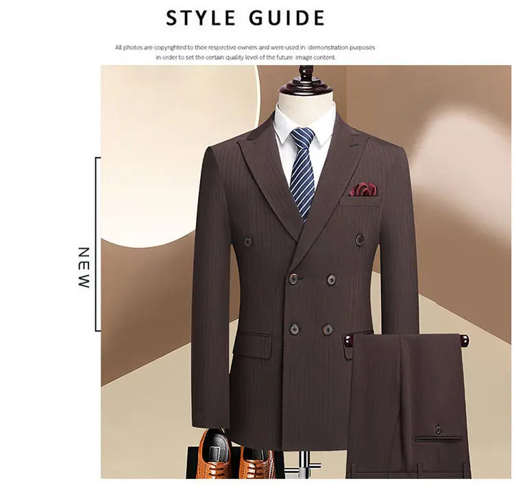Wedding suit 3 Piece Striped wine red groom suit High-end business suit set Double-breasted dress