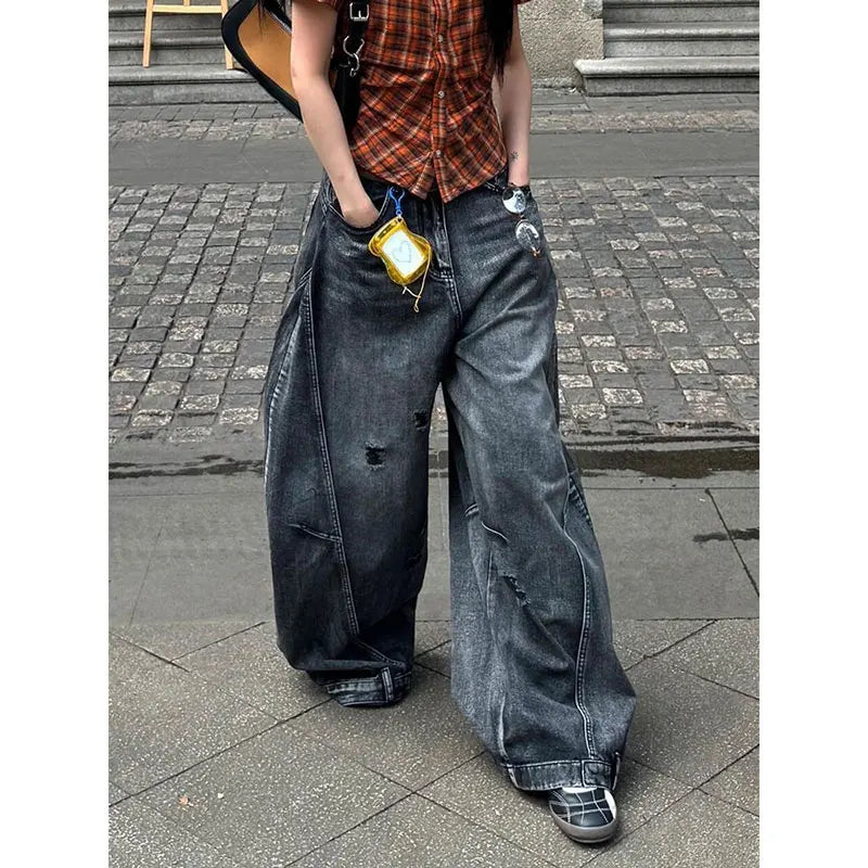 Black Jeans Vintage High Waisted Cargo Jeans Straight Casual Loose Big Size Wide Leg Denim Baggy Pants Y2K