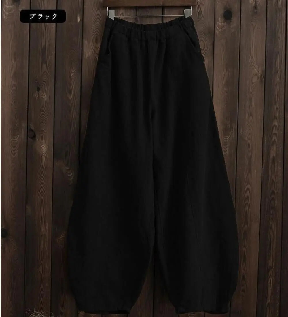 Cotton Linen Bloomers Wide Leg Pants Vintage Full Length Elegent Pants Solid Elasitic Waist 5XL