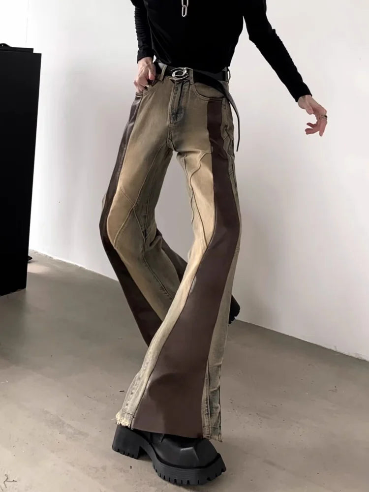 Trashy Y2K 2000S Pu Leather Patchwork Slim Flare Jeans Pants