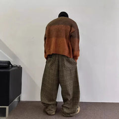 Loose Wide Leg Casual Pants Vintage Japanese Style Plaid Loose Trousers Drapey Floor-Length