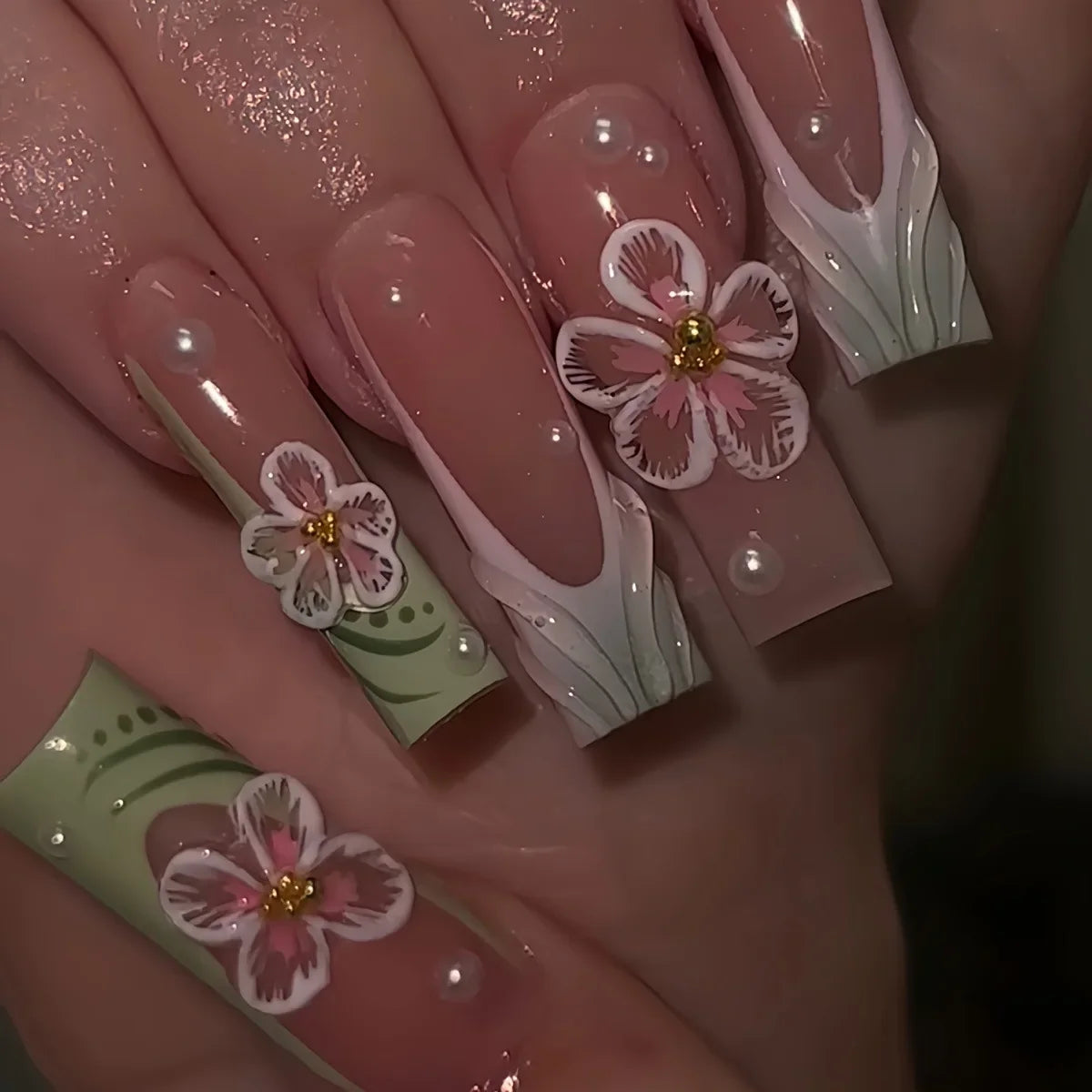 24pcs Fresh Long Coffin Fake Nails Yellow French Style Flower Printed Metal Butterfly Designs Press On Nails False Nail