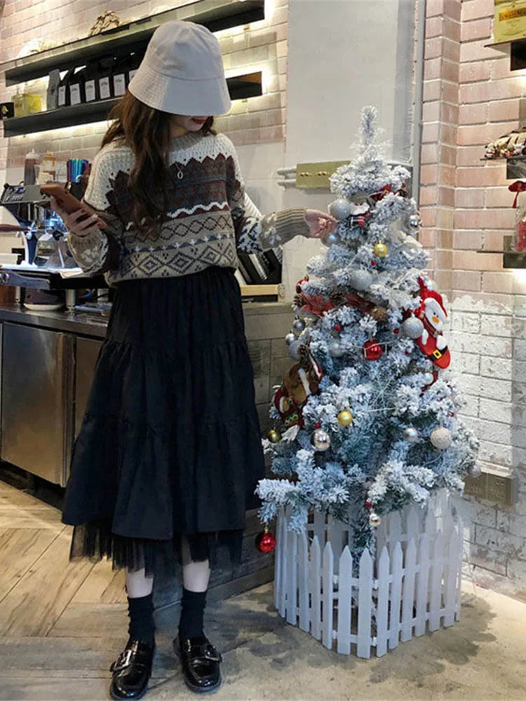 Long Tulle Midi Skirts  Elastic High Waist Mesh Tutu Pleated Skirts Black White Long Skirt Streetwear