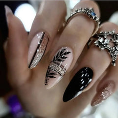 24Pcs Matte Almond False Nails with Glue Glitter Butterfly Fake Nail Press Ons Black Gradient Artificial Nail Tips