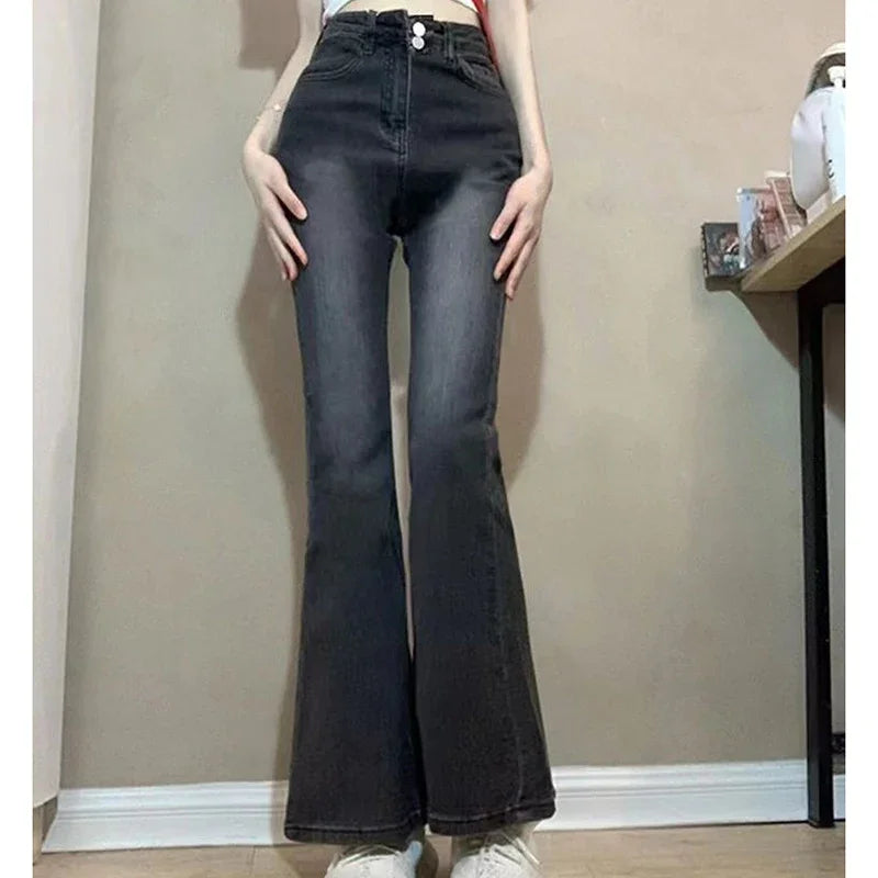 Korean Flare Jeans Girls High Waist Elastic Boot Cut Pants Lady Vintage Blue Black Gray Brown Denim Bell Bottom Trousers